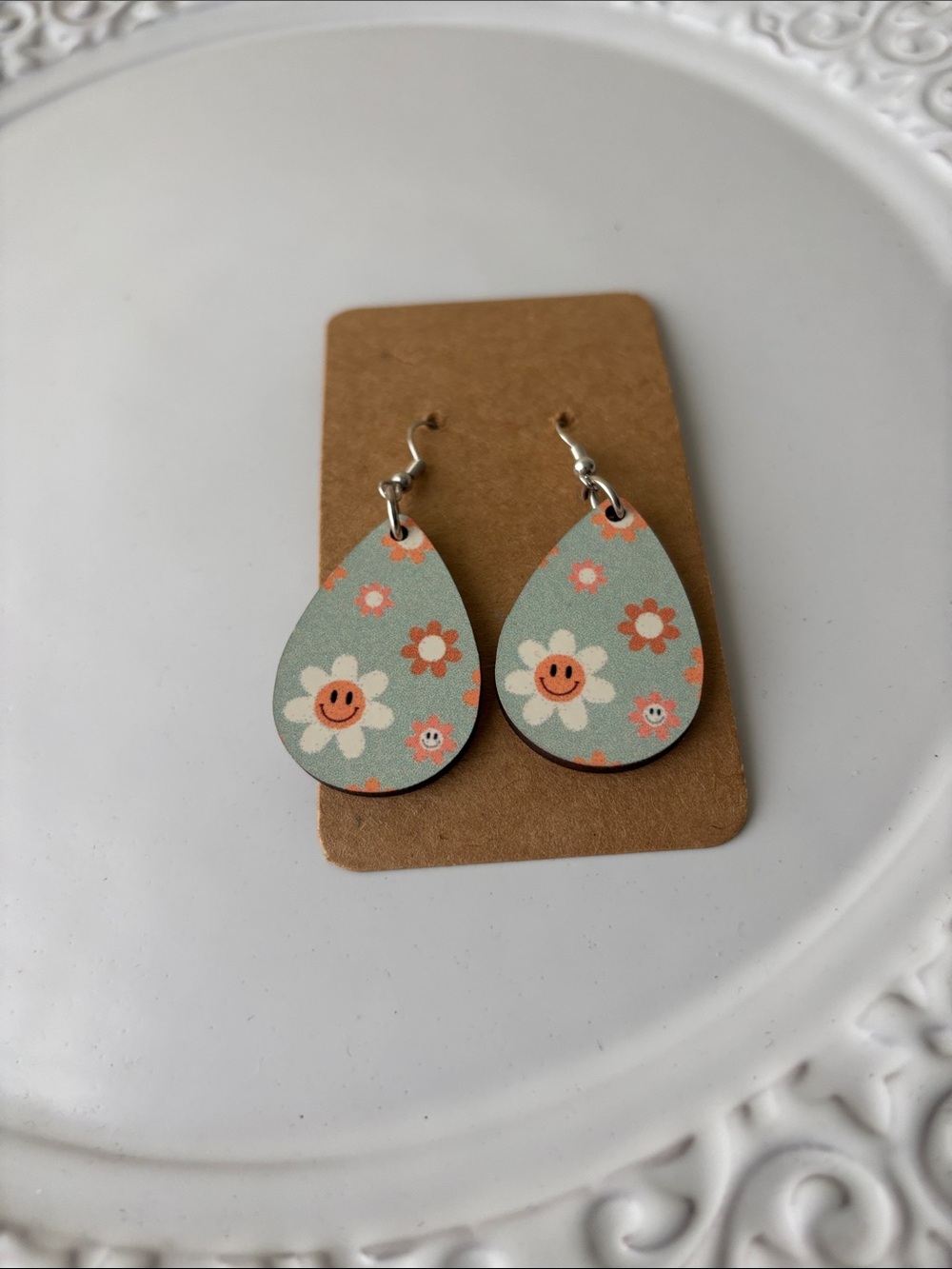 Wooden Teardrop Floral Smiley Earrings - Blue and Orange NWOT